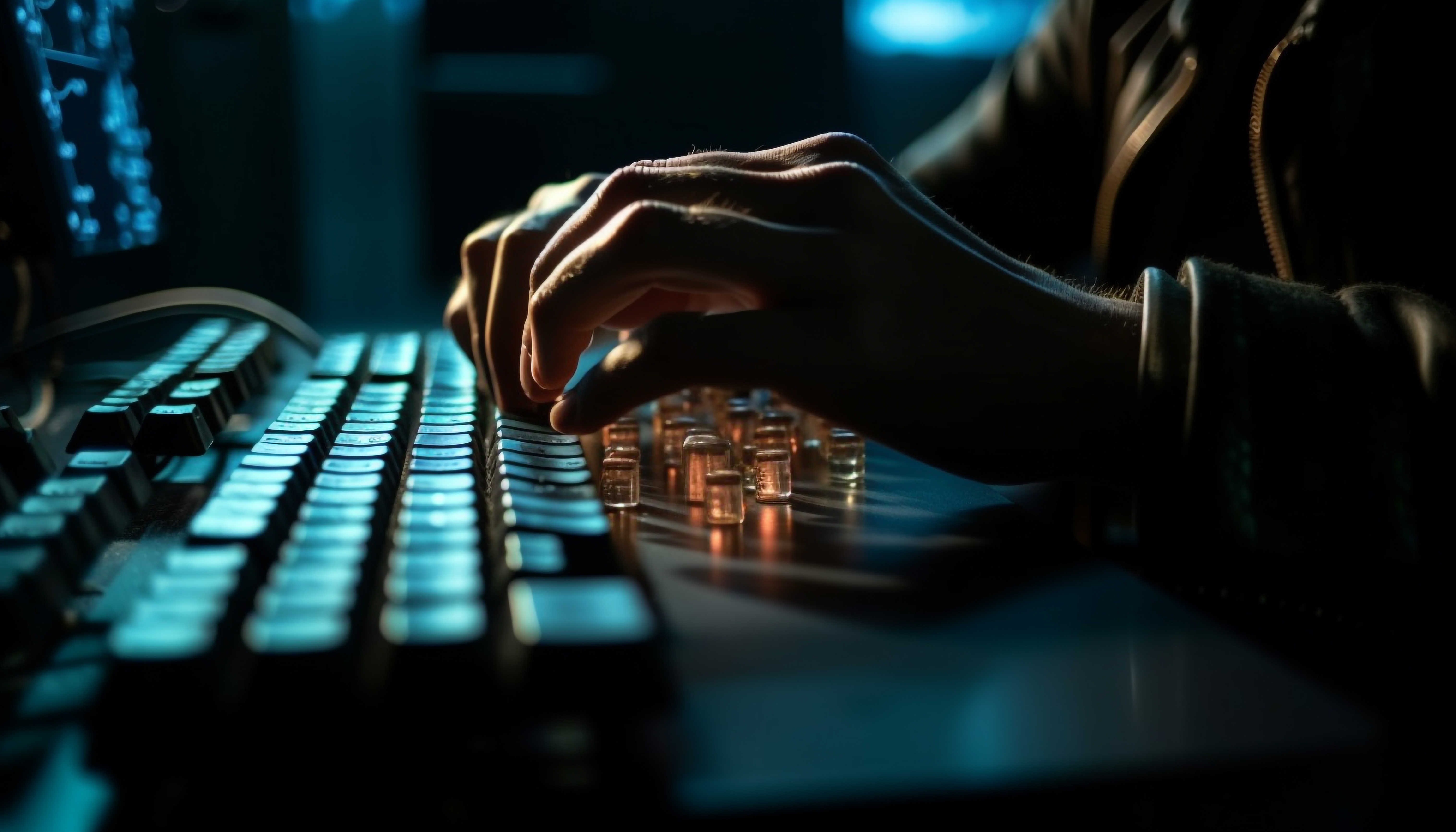 One person typing on computer using internet generated by AI