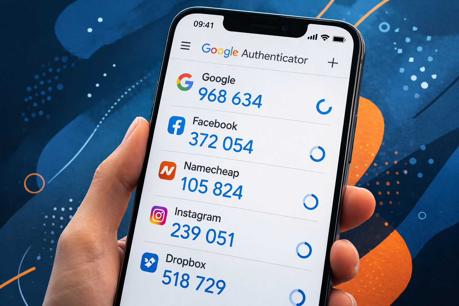 Google Authenticator app displaying multiple time‑based 2FA codes for crypto security.
